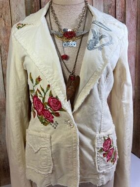 Johnny Was Angel And Roses Embroidered White Corduroy Jacket Blazer Size Medium